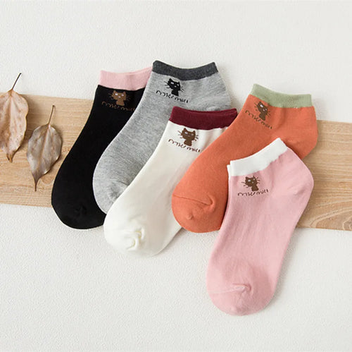5 Pairs Women Cute Cat Socks Short Ankle Socks Cartoon Animal Kitten