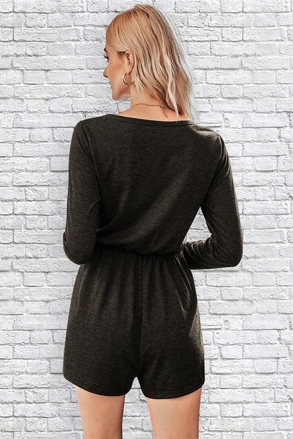 Button Down V Neck Solid Romper