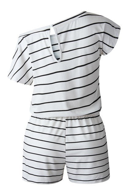 Striped Short Sleeve Drawstring Waist Romper