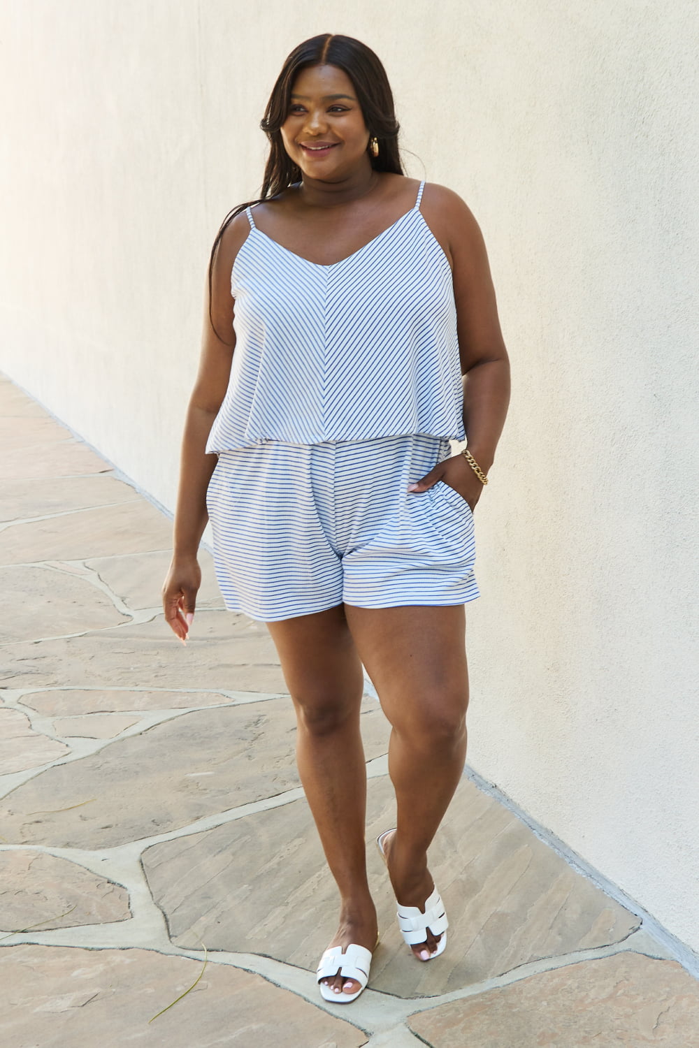 Culture Code Let It Happen Full Size Double Flare Striped Romper in