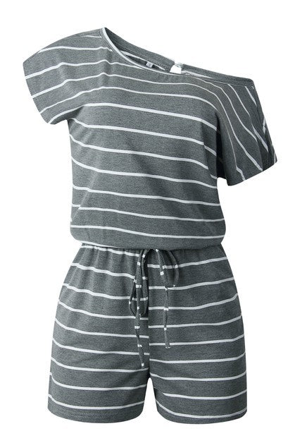 Striped Short Sleeve Drawstring Waist Romper