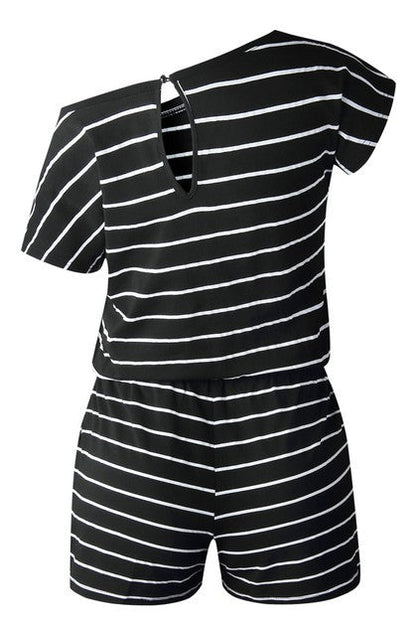 Striped Short Sleeve Drawstring Waist Romper