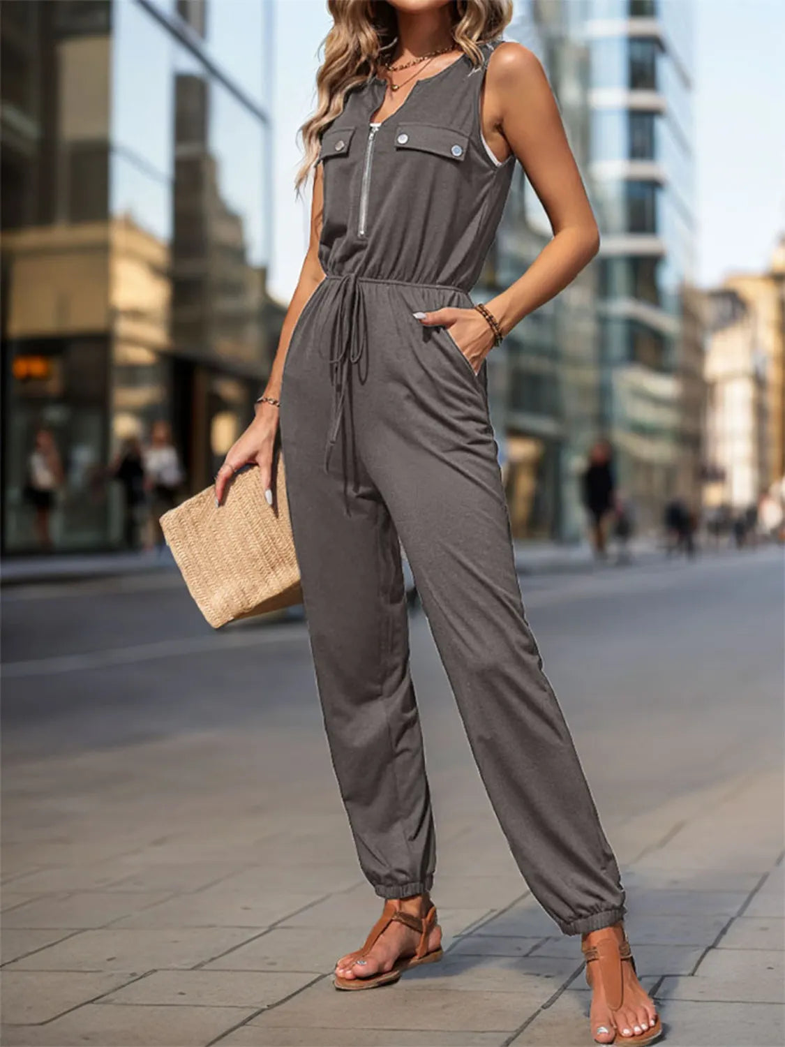 Drawstring Waist Sleeveless Jumpsuit