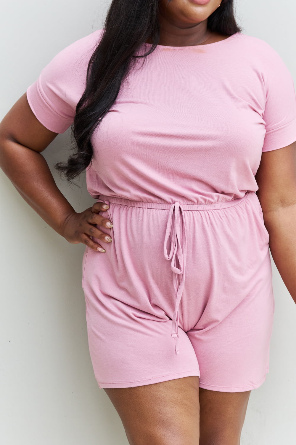 Zenana Chilled Out Full Size Short Sleeve Romper in Light Carnation