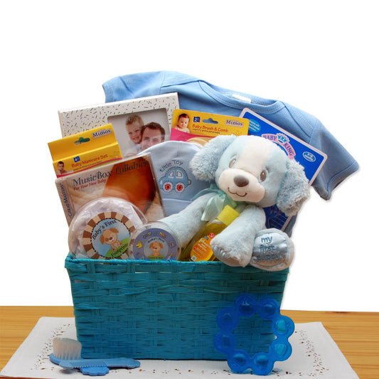 Puppy Love New Baby Gift Basket - Blue-  baby boy gift basket - new