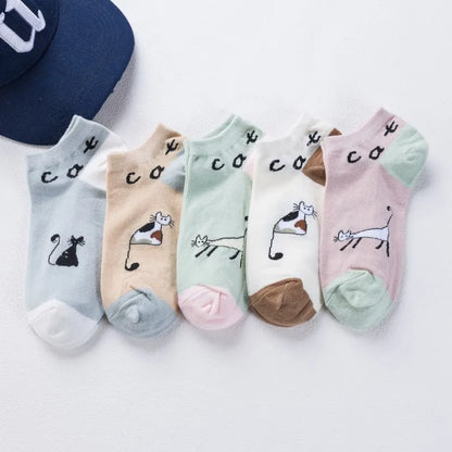 5 Pairs Women Cute Cat Socks Short Ankle Socks Cartoon Animal Kitten