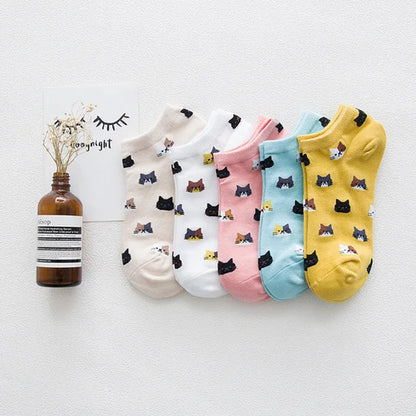 5 Pairs Women Cute Cat Socks Short Ankle Socks Cartoon Animal Kitten