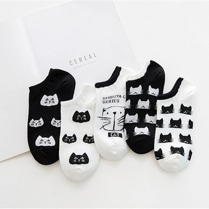 5 Pairs Women Cute Cat Socks Short Ankle Socks Cartoon Animal Kitten