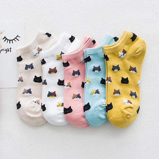 5 Pairs Women Cute Cat Socks Short Ankle Socks Cartoon Animal Kitten
