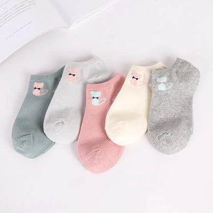 5 Pairs Women Cute Cat Socks Short Ankle Socks Cartoon Animal Kitten