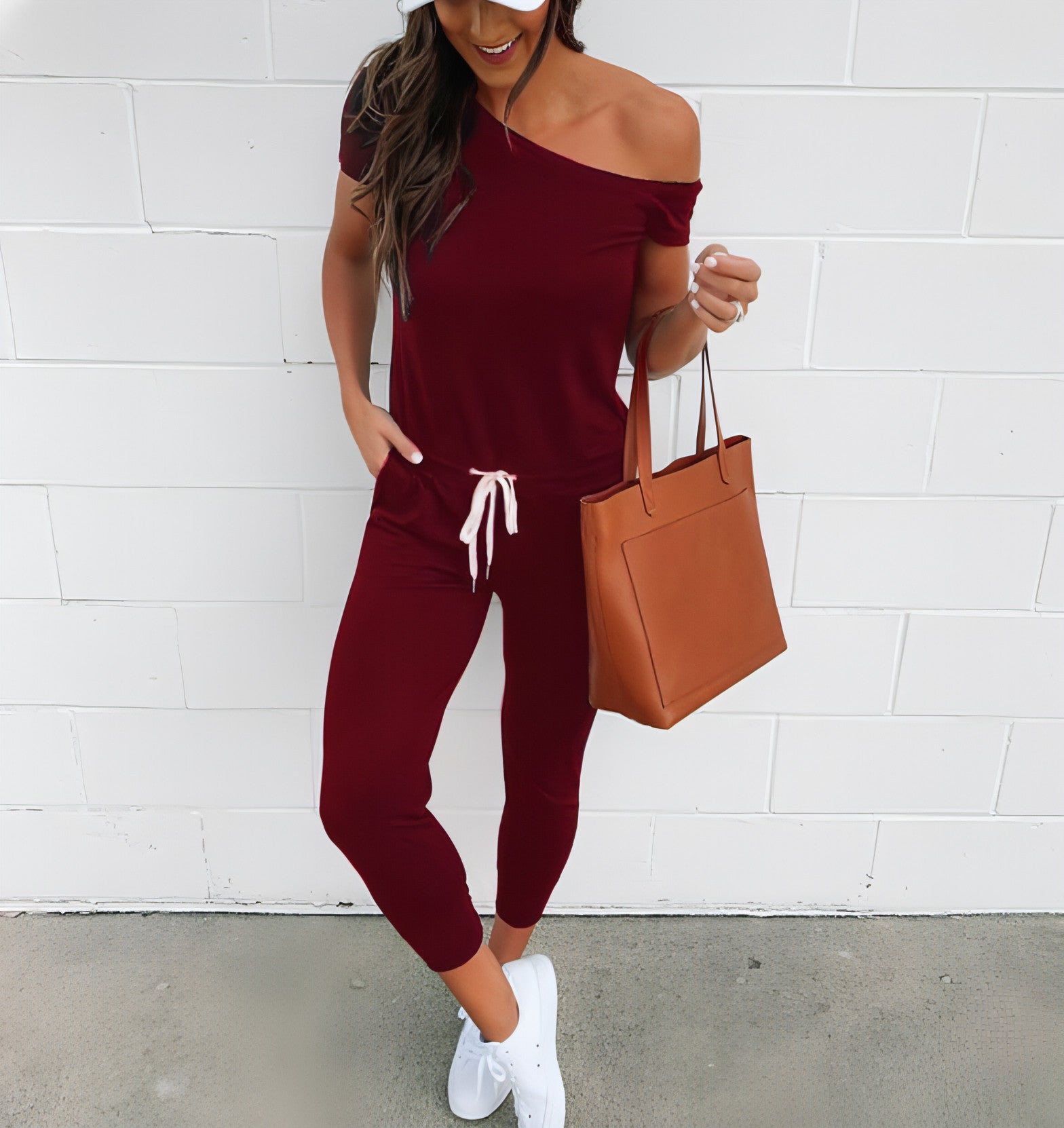 Women's Off-the-shoulder Short-sleeved Pocket Lace-up Shoulder