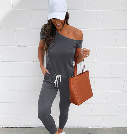 Women's Off-the-shoulder Short-sleeved Pocket Lace-up Shoulder