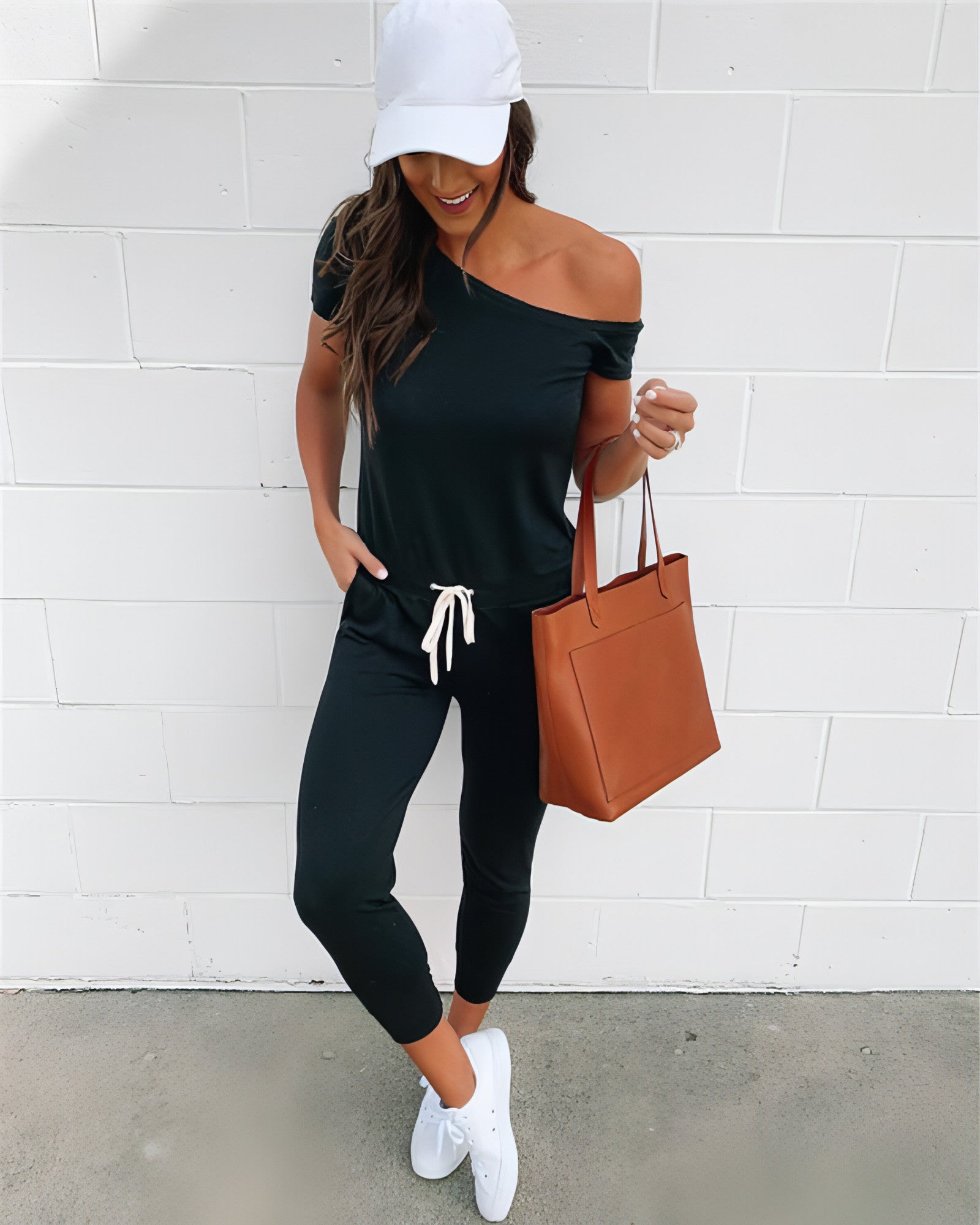 Women's Off-the-shoulder Short-sleeved Pocket Lace-up Shoulder