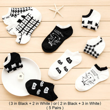 5 Pairs Women Cute Cat Socks Short Ankle Socks Cartoon Animal Kitten