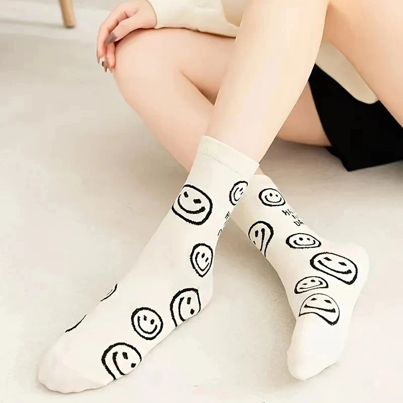 5/10 Pairs Happy Face Crew Socks , Cartoon Cat Breathable Cotton Mid