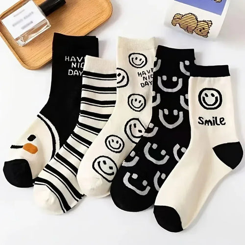 5/10 Pairs Happy Face Crew Socks , Cartoon Cat Breathable Cotton Mid