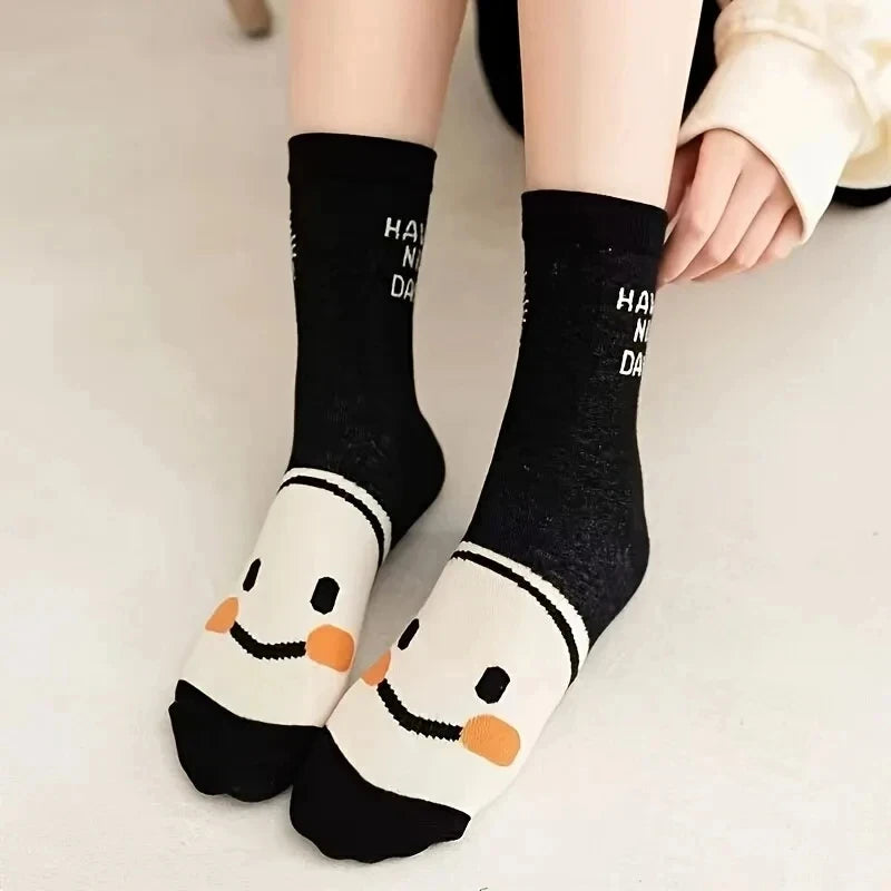 5/10 Pairs Happy Face Crew Socks , Cartoon Cat Breathable Cotton Mid