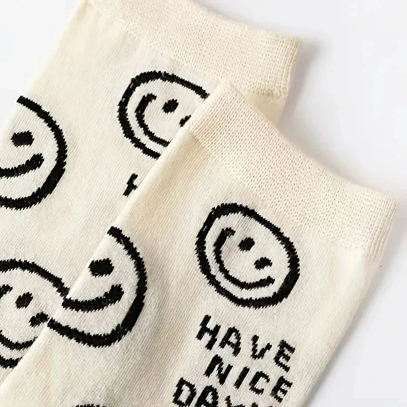 5/10 Pairs Happy Face Crew Socks , Cartoon Cat Breathable Cotton Mid