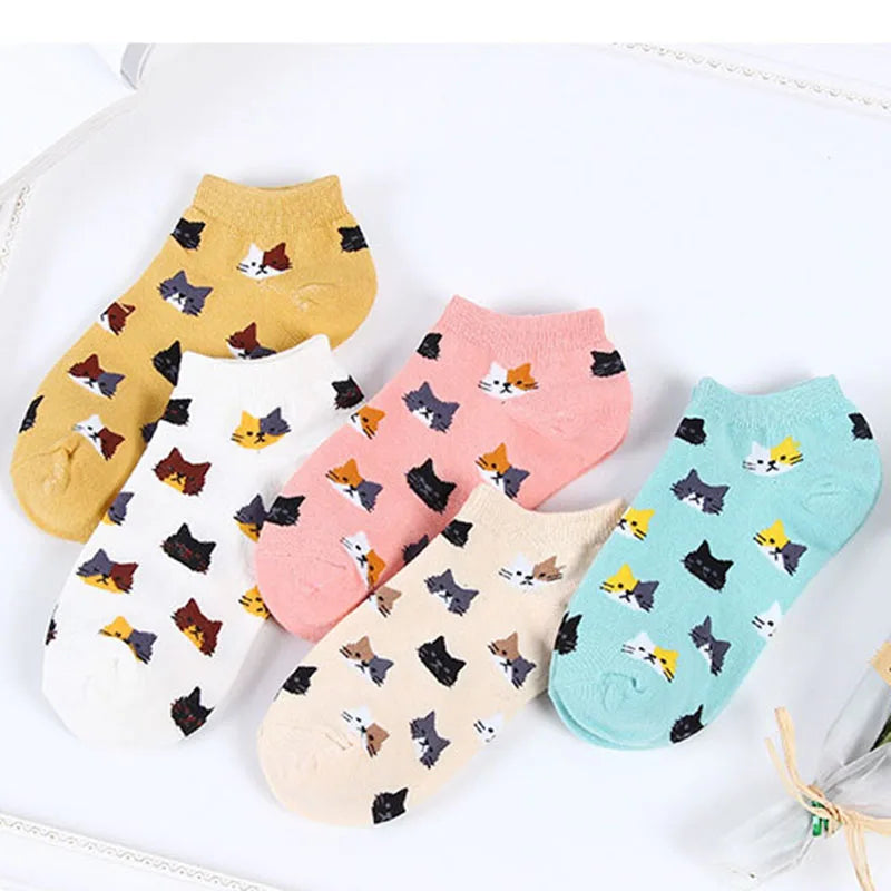 5 Pairs Women Cute Cat Socks Short Ankle Socks Cartoon Animal Kitten