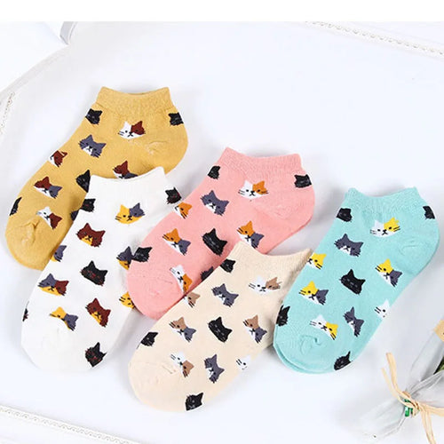 5 Pairs Women Cute Cat Socks Short Ankle Socks Cartoon Animal Kitten