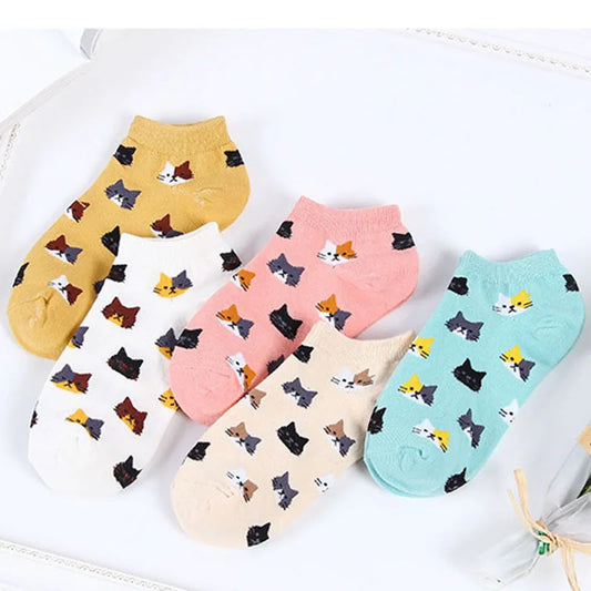 5 Pairs Women Cute Cat Socks Short Ankle Socks Cartoon Animal Kitten