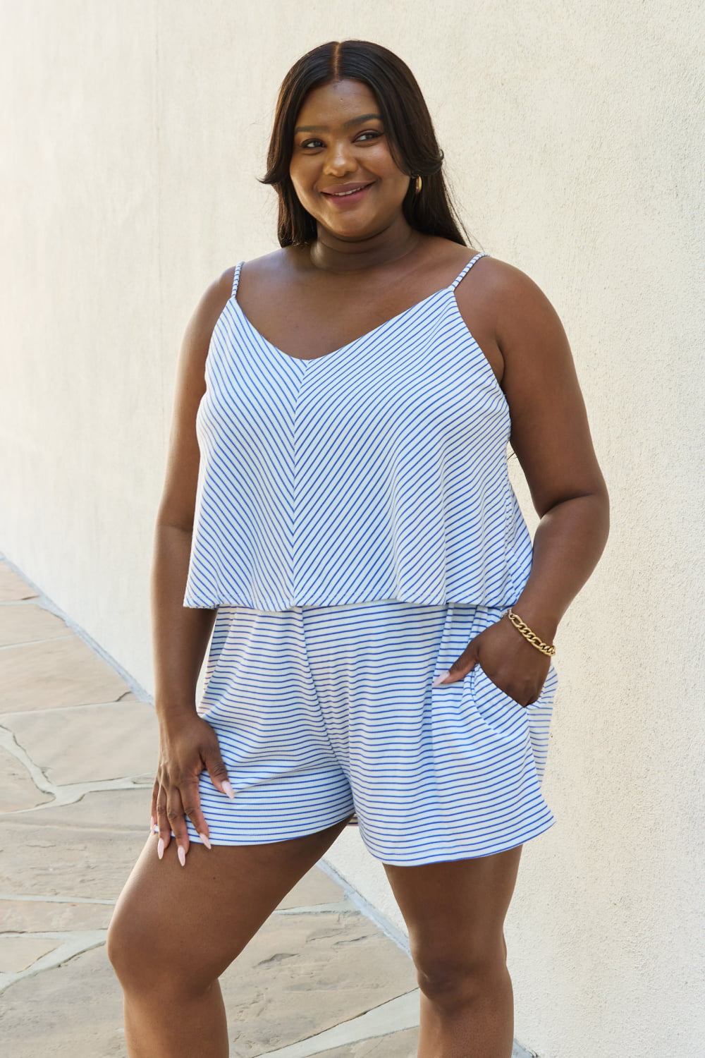 Culture Code Let It Happen Full Size Double Flare Striped Romper in