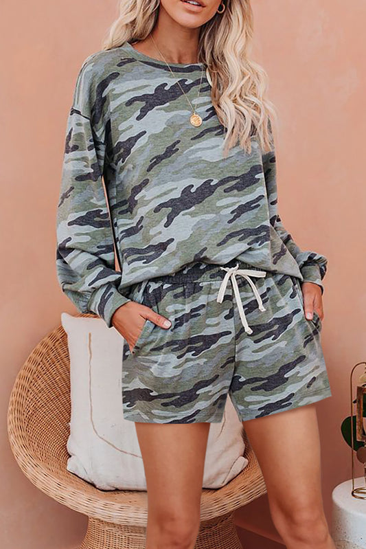 Green Camo Long Sleeve Pullover and Shorts Loungewear