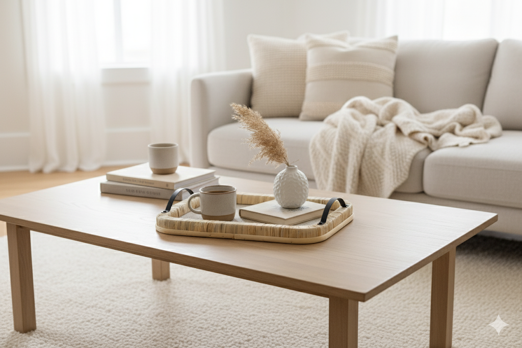 Raffia Wrapped Serving Tray with Metal Handles Boho Coffee Table Decor