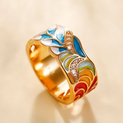 Huitan Handmade Enamel Ring for Women Colorful Feather Pattern Gold
