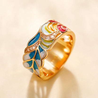 Huitan Handmade Enamel Ring for Women Colorful Feather Pattern Gold