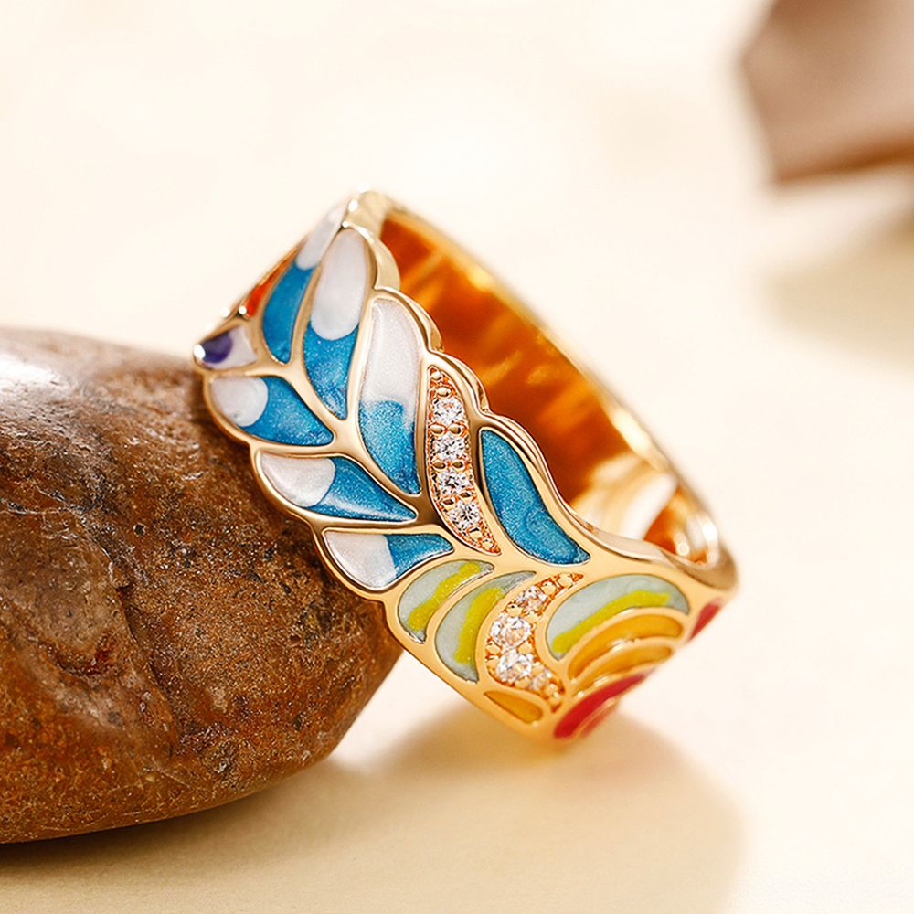 Huitan Handmade Enamel Ring for Women Colorful Feather Pattern Gold