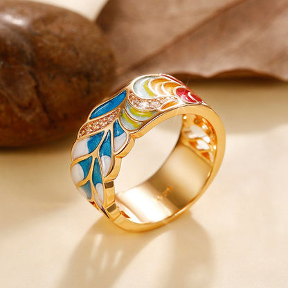 Huitan Handmade Enamel Ring for Women Colorful Feather Pattern Gold