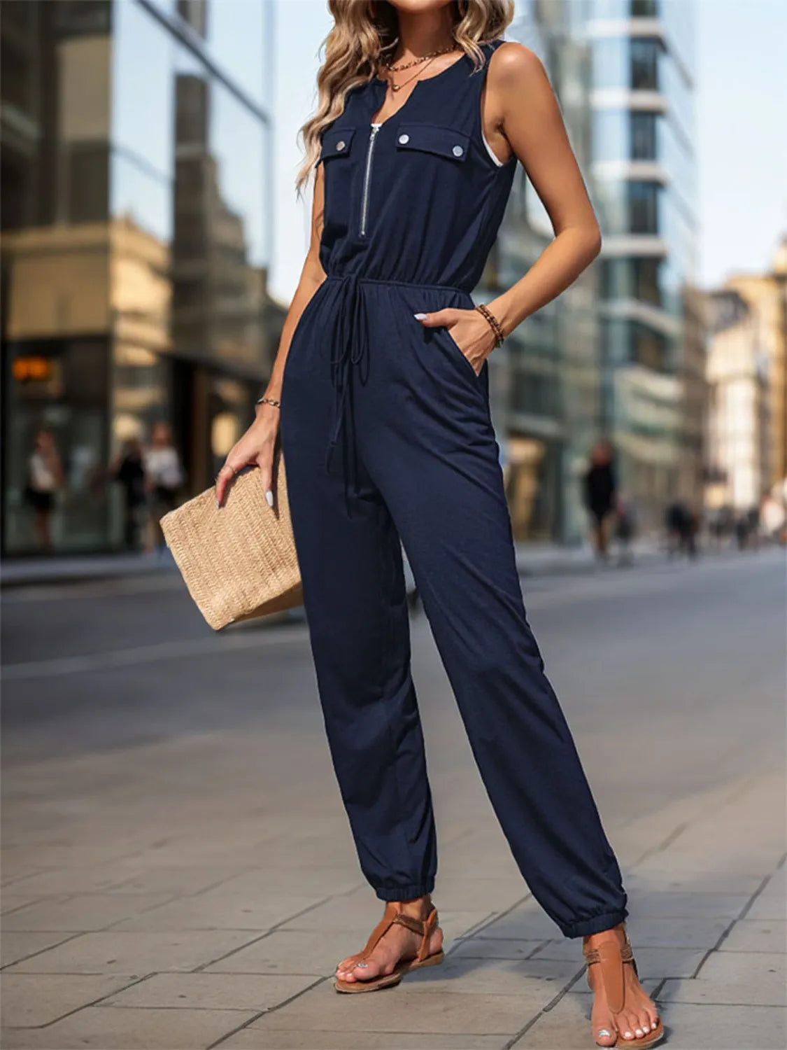 Drawstring Waist Sleeveless Jumpsuit