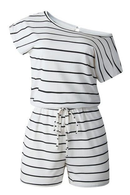 Striped Short Sleeve Drawstring Waist Romper