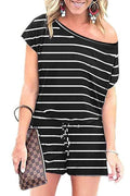 Striped Short Sleeve Drawstring Waist Romper
