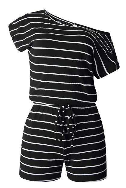 Striped Short Sleeve Drawstring Waist Romper