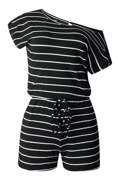 Striped Short Sleeve Drawstring Waist Romper