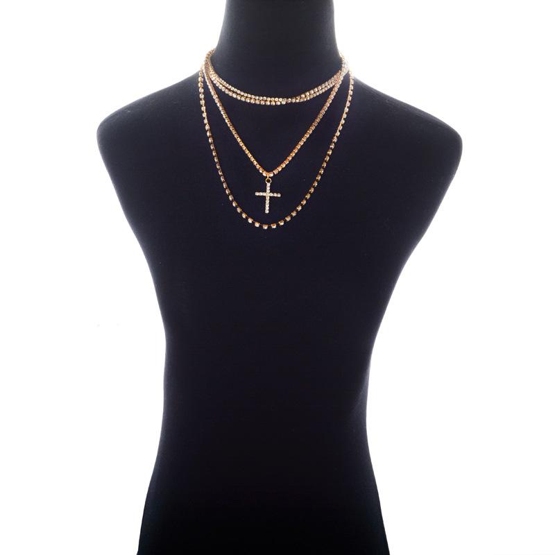 Simple Layered Crystal Cross Necklace Chain Religious Rosary Necklaces