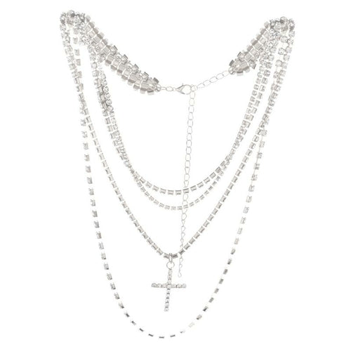 Simple Layered Crystal Cross Necklace Chain Religious Rosary Necklaces